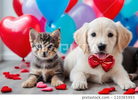 A background for valentines day banner with cute puppies surrounded with colorful balloons and hearts. A background for valentines day banner with cute puppies surrounded with colorful balloons and hearts. 110365993