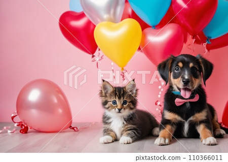 A background for valentines day banner with cute puppies surrounded with colorful balloons and hearts. A background for valentines day banner with cute puppies surrounded with colorful balloons and hearts. 110366011
