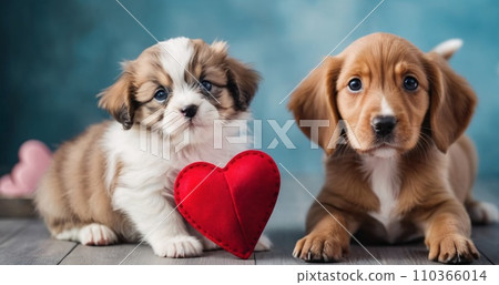 A background for valentines day banner with cute puppies surrounded with colorful balloons and hearts. A background for valentines day banner with cute puppies surrounded with colorful balloons and hearts. 110366014