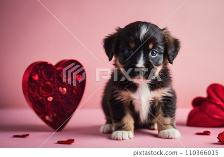 A background for valentines day banner with cute puppies surrounded with colorful balloons and hearts. 110366015