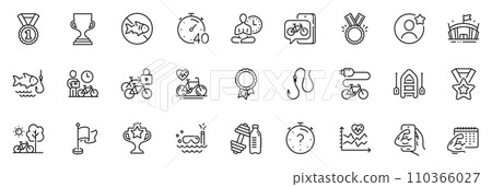 Icons pack as Dumbbell, Award cup and Timer line icons for app include Quiz, Winner ribbon, Fitness calendar outline thin icon web set. Success, Bicycle lockers, Boat pictogram. Fitness. Vector Icons pack as Dumbbell, Award cup and Timer line icons for app include Quiz, Winner ribbon, Fitness calendar outline thin icon web set. Success, Bicycle lockers, Boat pictogram. Fitness. Vector 110366027