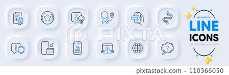 Loyalty star, Airplane and Certificate line icons for web app. Pack of Smartphone statistics, Globe, Lamp pictogram icons. Phone calendar, Online warning, Question mark signs. Shield. Vector Loyalty star, Airplane and Certificate line icons for web app. Pack of Smartphone statistics, Globe, Lamp pictogram icons. Phone calendar, Online warning, Question mark signs. Shield. Vector 110366050