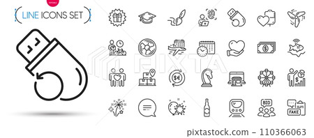 Pack of Wind energy, Beer bottle and Text message line icons. Include Marketing strategy, Flash memory, Volunteer pictogram icons. Air fan, Graduation cap, Banking signs. Marketplace. Vector 110366063