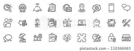 Icons pack as Online question, Piggy bank and Speech bubble line icons for app include Justice scales, Puzzle, Smartphone outline thin icon web set. Delivery insurance, Bus, Location pictogram. Vector 110366065