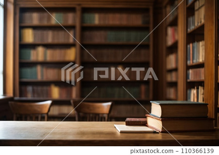 Wooden table and blurred bookshelf in library room, education, back to school Wooden table and blurred bookshelf in library room, education, back to school 110366139