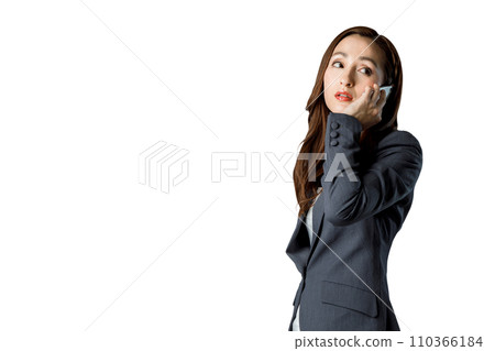 A woman talking on a smartphone. Transparent background photo PNG precisely cut out with a clipping path 110366184