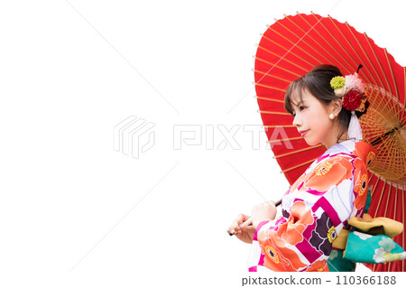 A woman in a kimono holding a Japanese umbrella. Transparent background photo PNG precisely cut out with a clipping path A woman in a kimono holding a Japanese umbrella. Transparent background photo PNG precisely cut out with a clipping path 110366188