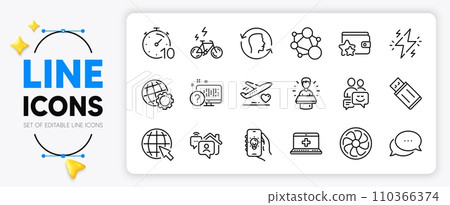 Face id, Brand ambassador and E-bike line icons set for app include Online quiz, Electric app, Communication outline thin icon. Internet, Power, Usb flash pictogram icon. Work home. Vector 110366374