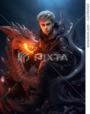 AI-generated content. Male fairy tale character riding a dangerous dragon. AI 110366468