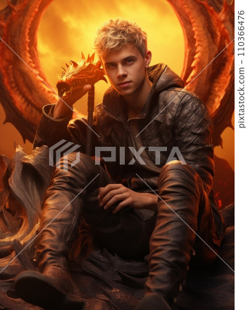 AI-generated content. Male fairy tale character riding a dangerous dragon. AI 110366476