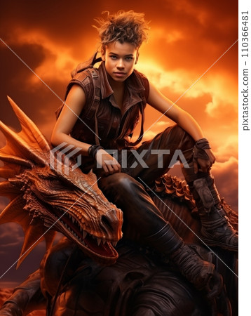 AI-generated content. Male fairy tale character riding a dangerous dragon. AI 110366481