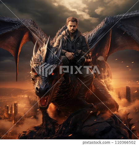 AI-generated content. Male fairy tale character riding a dangerous dragon. AI 110366502