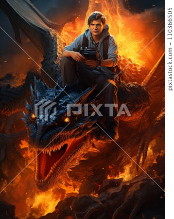 AI-generated content. Male fairy tale character riding a dangerous dragon. AI 110366505