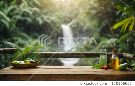 Empty wooden table top with blur jungle background with bokeh light. 110366695
