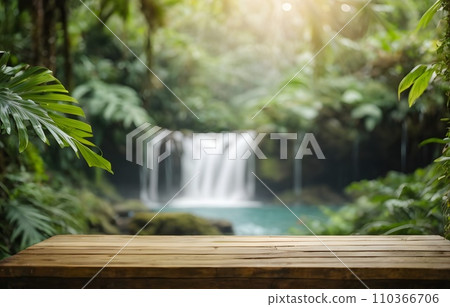 Empty wooden table top with blur jungle background with bokeh light. Empty wooden table top with blur jungle background with bokeh light. 110366706