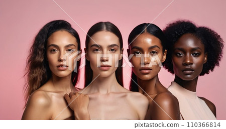 Illustration of multiracial women with different skin tones in gradient. 110366814