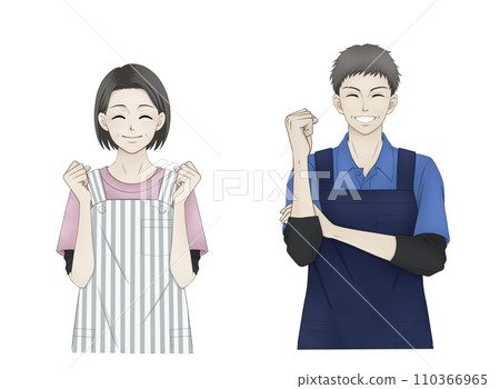 穿著圍裙的中年男女做拳頭泵 穿著圍裙的中年男女做拳頭泵 110366965