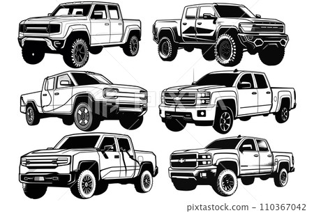 Electric pickup truck silhouette, Pickup truck icon vector silhouette. 110367042