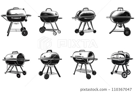 vector black BBQ Grill icons, Bbq party background with grill and fire. vector black BBQ Grill icons, Bbq party background with grill and fire. 110367047