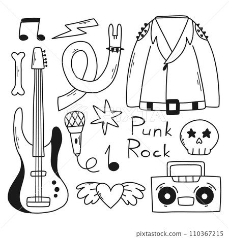 Rock n roll, punk music doodle set. Graffiti, tattoo hand drawn sticker, text, skull, heart, skate, gesture hand. Grunge rock vector illustration. Rock n roll, punk music doodle set. Graffiti, tattoo hand drawn sticker, text, skull, heart, skate, gesture hand. Grunge rock vector illustration. 110367215