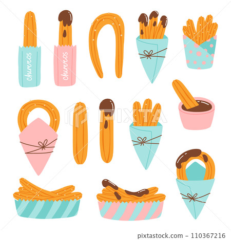 Set of churros in paper bags. Collection of Mexican churros. Vector illustration in flat hand drawn style. 110367216