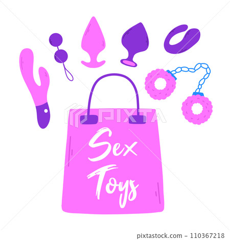 Set of sex toys. Collection of toys for adults. Vector illustration. Flat style. Sex shop set. Erotic elements set. BDSM toys. Set of sex toys. Collection of toys for adults. Vector illustration. Flat style. Sex shop set. Erotic elements set. BDSM toys. 110367218