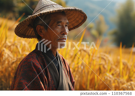asian rural man in folk clothes against the background of a field 110367568