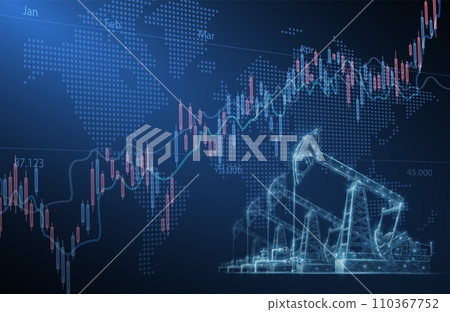 Digital screen showcasing financial chart graphs and oil pumps field. Digital screen showcasing financial chart graphs and oil pumps field. 110367752