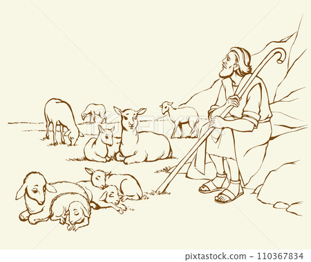 Vector drawing. Shepherd with sheep Vector drawing. Shepherd with sheep 110367834