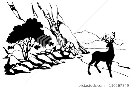 Vector landscape. Deer near a mountain stream Vector landscape. Deer near a mountain stream 110367849