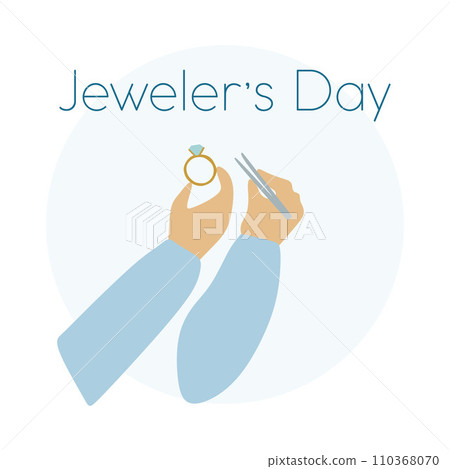 International Jewel day Card with Lettering. Hands holding Tweezers and Diamond ring. Vector illustration isolated on white. Jewelry Making concept, Holiday Banner or social media post with text. 110368070