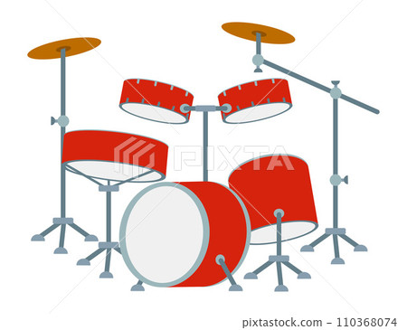 Red drum set vector design. Drum kit flat style vector illustration isolated on white. Concert installation with Percussion instruments family. Cartoon Clip art, Design element for Drummer day Card 110368074
