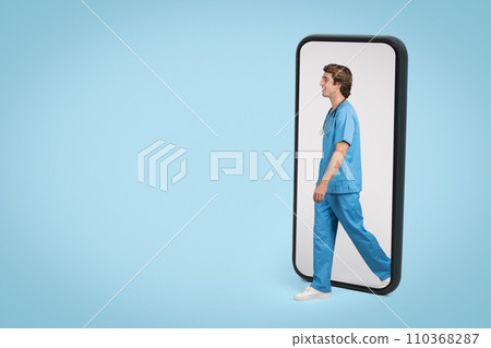 Male healthcare worker in virtual space, telemedicine, free space Male healthcare worker in virtual space, telemedicine, free space 110368287