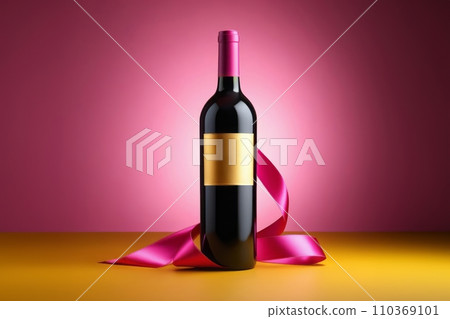 AI-generated content. Generated image of a bottle of wine with a pink ribbon around it, in pink background, full length photo, empty wine label AI-generated content. Generated image of a bottle of wine with a pink ribbon around it, in pink background, full length photo, empty wine label 110369101