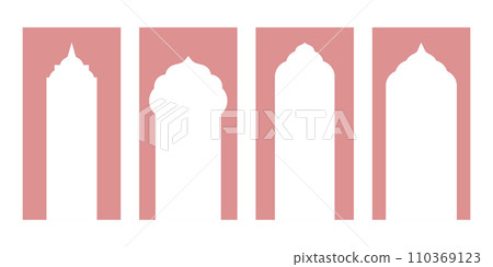 Minimalistic Design Featuring Oriental Style Windows and Arches in Modern Boho Colors. Stylish Silhouette Illustrations Perfect for Various Design Applications 110369123
