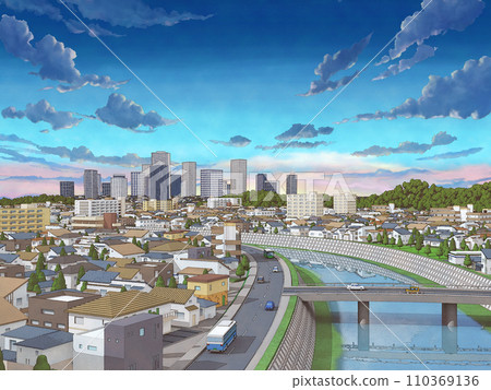 房屋住宅城市水彩風格手繪天空戲劇性的天空插圖背景 110369136