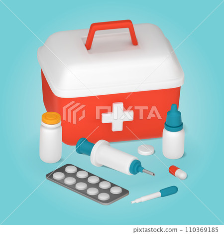 First aid kit and medical equipment, pills, syringe, pipette. 3D vector illustration First aid kit and medical equipment, pills, syringe, pipette. 3D vector illustration 110369185