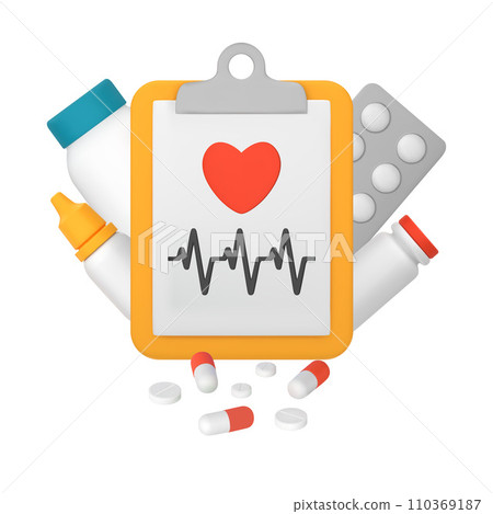Medical card, clipboard with heart and heartbeat. Medicines, capsules, tablets. Cardiogram results. Medical treatment. 3D vector illustration isolated on a white background 110369187
