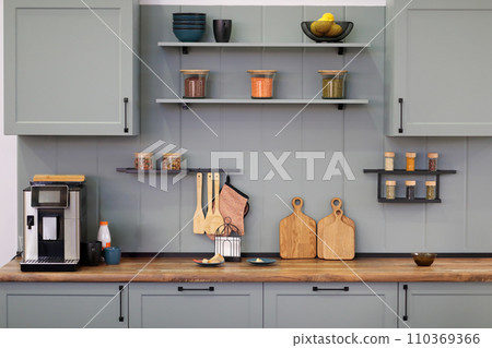 grey kitchen interior with some kitchen utensils grey kitchen interior with some kitchen utensils 110369366