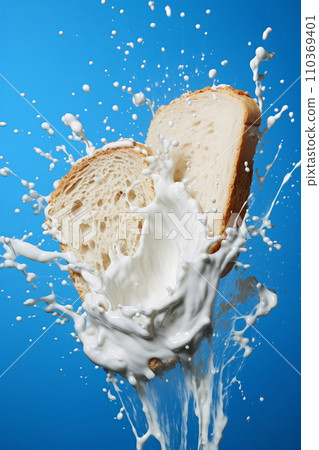 Milk splash on sliced bread against blue background AI Generated 110369401