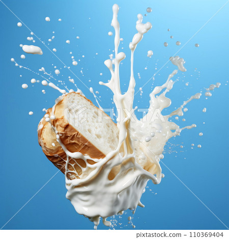 Milk splash on sliced bread against blue background AI Generated 110369404