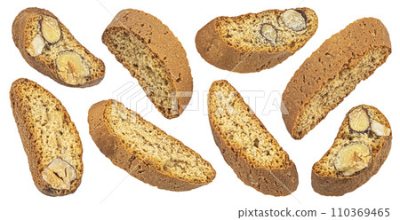 Cantuccini biscuits, Italian almond cookies with hazelnuts isolated on white background, full depth of field 110369465