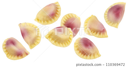 Traditional vareniki with red berry filling isolated on white background with clipping path, full depth of field 110369472