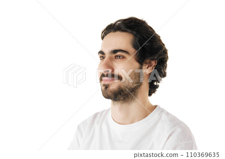 Portrait of young attractive man with dark thick curly hair looking away against white color studio background. Concept of natural beauty people Portrait of young attractive man with dark thick curly hair looking away against white color studio background. Concept of natural beauty people 110369635