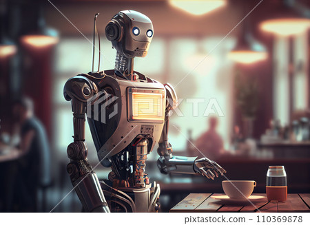 3d illustration robotic technology as waiter in modern restaurant. 3d illustration robotic technology as waiter in modern restaurant. 110369878