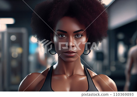 Portrait of confident young woman standing in gym. African female fitness model looking at camera. 110369893