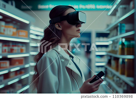 Side view of young professional African woman pharmacist, wearing virtual reality headset, working in modern drugstore and looking at shelves with medicines and gesturing 110369898