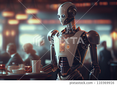 3d illustration robotic technology as waiter in modern restaurant. 110369916