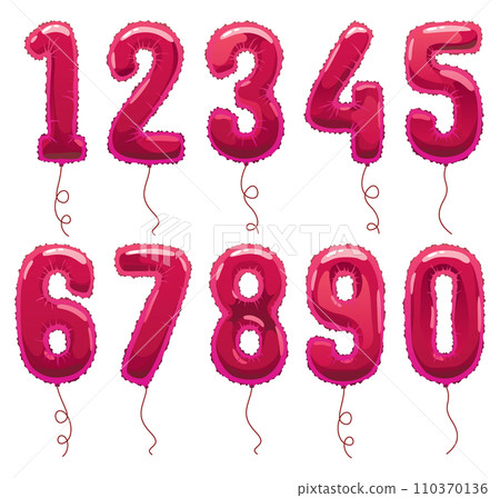 Helium pink balloons numbers. Realistic design elements, numeral character. Party decoration balloons or anniversary sign. Vector glossy decorative digits illustration 110370136