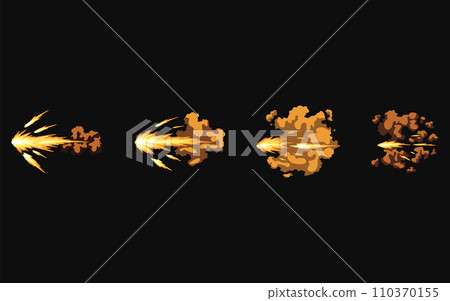 Gun flashes or gunshot animation. Collection of fire explosion effect during the shot with the gun. Cartoon flash effect of bullet starts. Shotgun fire, muzzle flash and explode 110370155